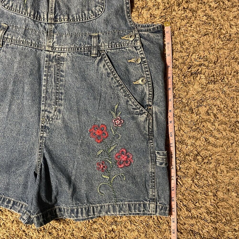 VTG Route 66 Denim Carpenter Short Overalls L Bibs Embroidered Floral Y2K 90s - Picture 10 of 12